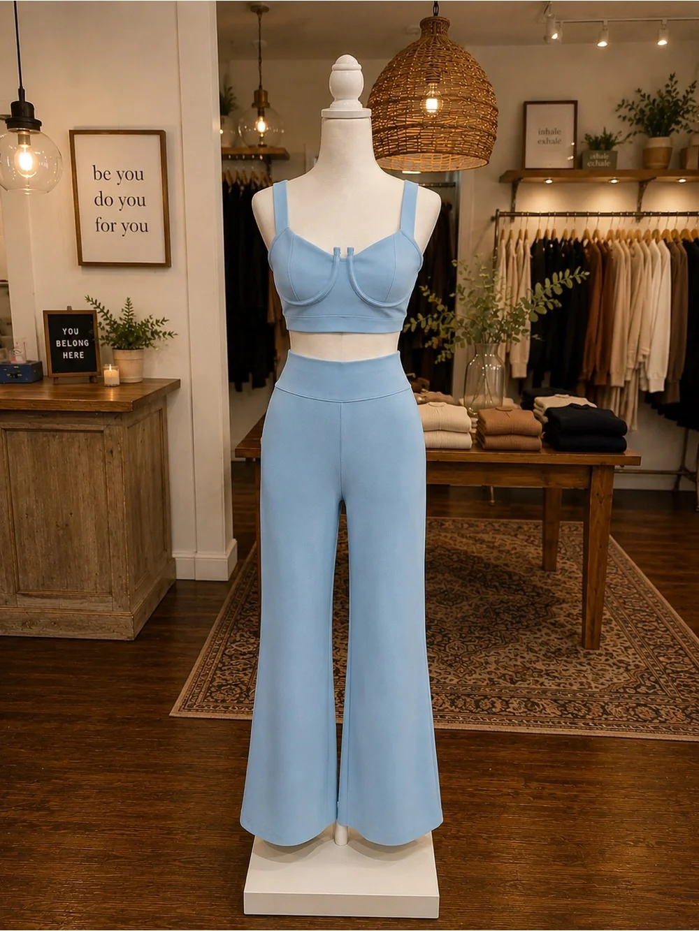 Blue Two Piece Bustier Crop Top & High Rise Bell Bottom Pants Set NWOT XS S M L